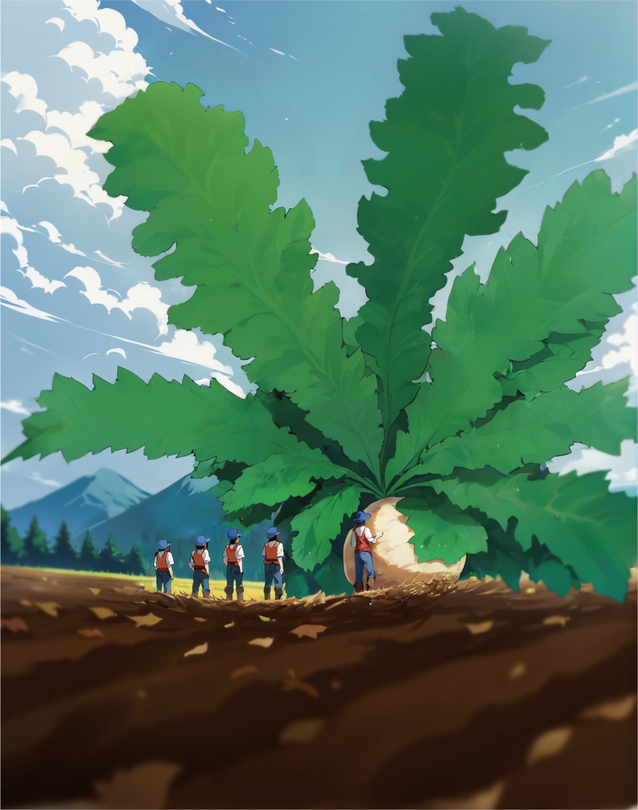 作業員よりも大きなカブを描いた「大きそうなカブ」のパッケージイラスト