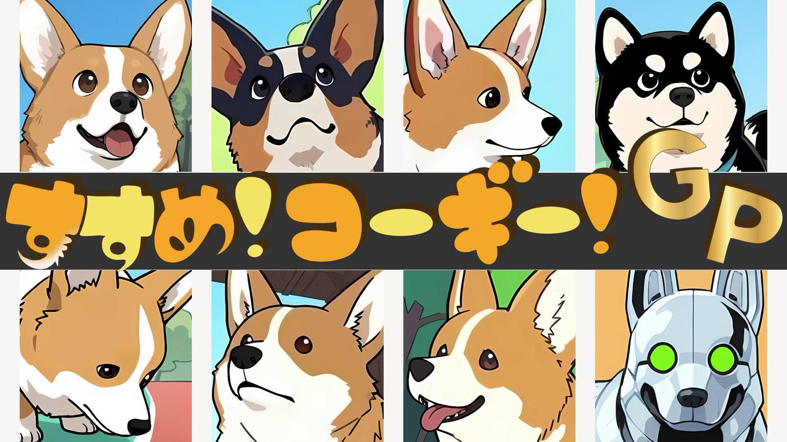 8匹のコーギーとタイトルロゴを並べた「すすめ!コーギー!GP」のパッケージイラスト