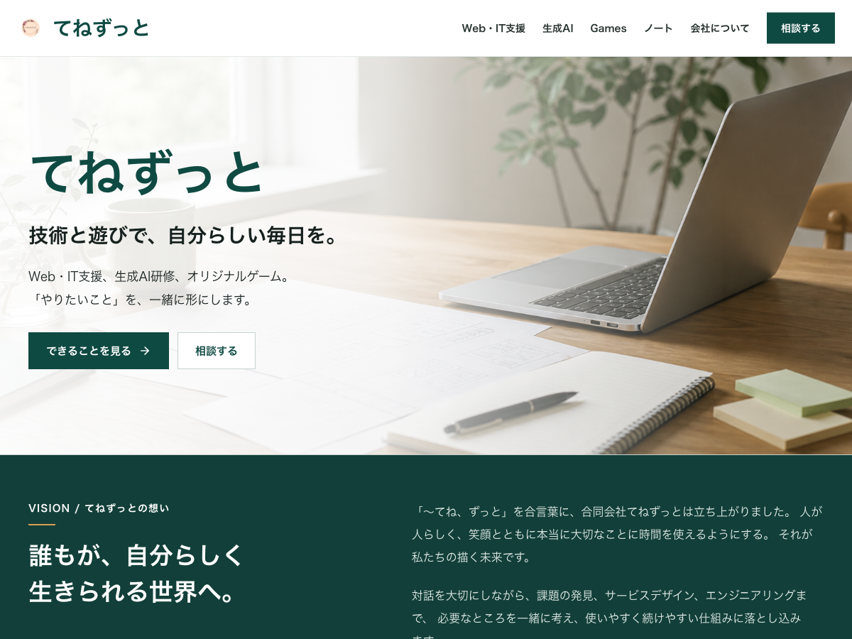 現在のTOP。机の写真と日本語の紹介文、できることや相談へのリンクを置き、その下にVisionが続く